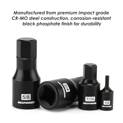 MIXPOWER 14-Piece Dr. Bit Socket Set, 3/32 to 3/4, 1/4", 3/8" and 1/2" Drive, Cr-Mo Impact Grade, SAE, Hex Bit Socket - size: SAE