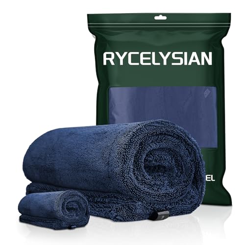 2-Pack 1500GSM Microfiber Drying Towel for Car 24"x36" & 11.8"x11.8"（Blue） | Ultra Absorbent Streak-Free Lint Free Twisted-Loop Cleaning Cloth for Cars Motorcycles Windows Kitchen