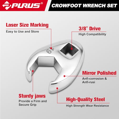 PURUS 10-Piece Metric 3/8" Drive Flare Nut Crowfoot Wrench Set (10-22mm), Innovative 5-Point Full-Contour Design for Tight Automotive & Plumbing Spaces, Custom Tool-Tray EVA Foam Organizer Included