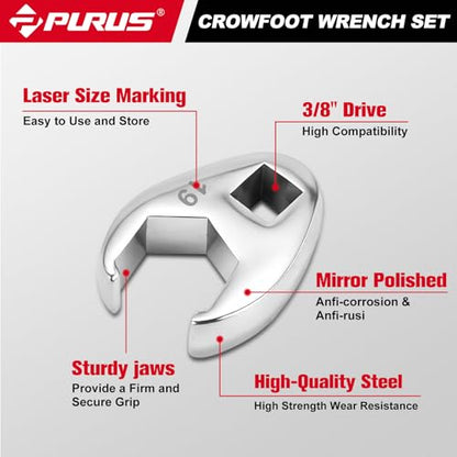 PURUS 10-Piece Metric 3/8" Drive Flare Nut Crowfoot Wrench Set (10-22mm), Innovative 5-Point Full-Contour Design for Tight Automotive & Plumbing Spaces, Custom Tool-Tray EVA Foam Organizer Included