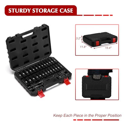 EMENTOL 32PCS 1/2" Drive Socket Set, Deep Impact Sockets, SAE(3/8"-1") and Metric(10-24mm), Including Extension Bars, Universal Joint, Drill&Socket Adapter, 12 Point Design, Cr-V Steel - size: 1/2" Drive Metric(10-24mm) & SAE(3/8"-1"),Deep