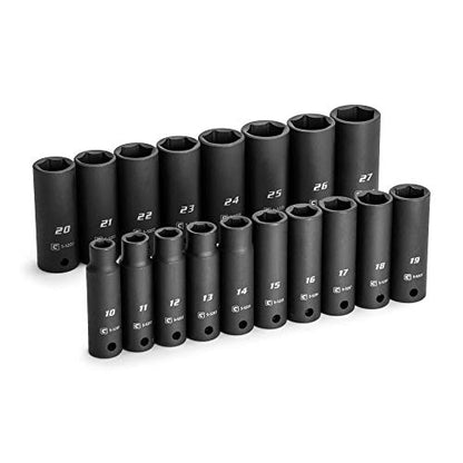Capri Tools 1/2 in. Drive Deep Impact Socket Set, 10 to 27 mm, Metric, 18-Piece - size: Deep Set / 10-27 mm
