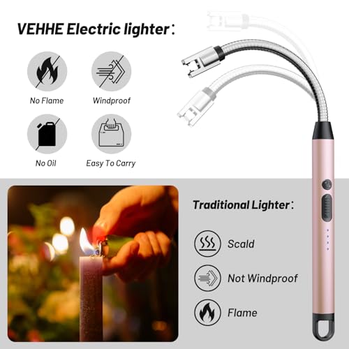 VEHHE Long Lighters Rechargeable with Safety Switch, USB C Lighter with 360° Flexible Neck, Windproof Flameless Plasma Arc Lighter with Led Battery Display for Fireworks BBQ Camping (Rose Gold) - color: Rose Gold