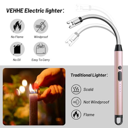 VEHHE Long Lighters Rechargeable with Safety Switch, USB C Lighter with 360° Flexible Neck, Windproof Flameless Plasma Arc Lighter with Led Battery Display for Fireworks BBQ Camping (Rose Gold) - color: Rose Gold