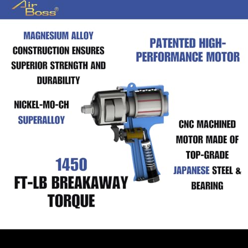 Airboss AW-140P 1/2" Air Impact Wrench, 1,450 ft-lbs Max Torque, Twin Hammer, Magnesium Alloy, High Torque 1/2 Impact Wrench for Lug Nuts, Tire Shop, Automotive Repair & General Fastening - size: standard