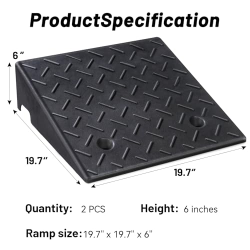 2 Pack Rubber Curb Ramps for Driveway, 6" Height, Heavy Duty 4 Ton (8818 lbs) Capacity, for Lawn Mower, Wheelchair, Motorcycle, Car, Loading Dock & Threshold - size: 6" Rise