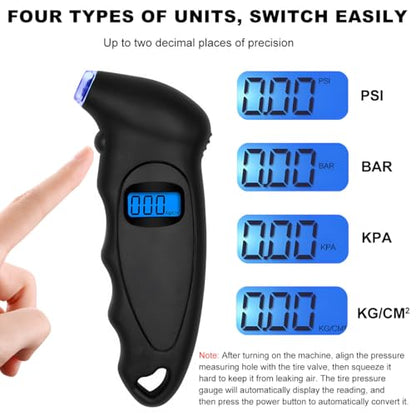 KVAEY Digital Tire Pressure Gauge, 150 PSI 4 Settings Accurate Tire Gauge with Non-Slip Grip, Backlight LCD Tire Pressure Gauge Reader Checker Tool for Car Truck Bicycle Motorcycle (Black) - color: Black