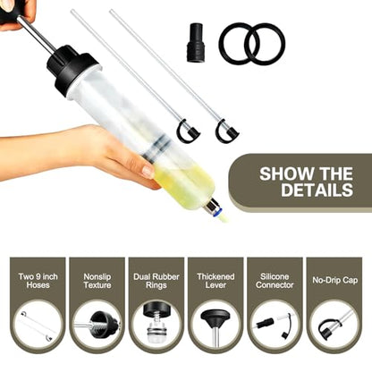 Power Steering Fluid Extractor, 200CC Manual Extraction Liquid Pump, Transmission Oil Suction Pump with 2 Hoses, Universal Oil Syringe for Most Cars (White)
