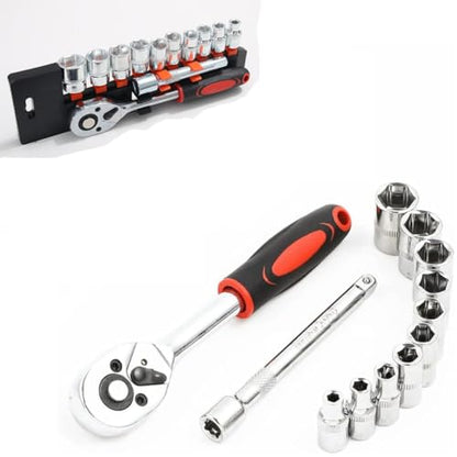 Socket Wrench Set 12-Piece 1/4 Inch Drive | Mini Ratchet, 10 Sockets 5-14mm, 2-Way Quick Release Handle, Extension Bar