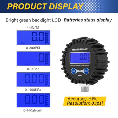 MEASUREMAN 2-1/2" Dial Size Digital Air Pressure Gauge with 1/4'' NPT Bottom Connector and Protective Boot, 0-250psi, Accuracy 1%, Battery Powered with LED Light Short Thread - size: Short thread, style: 0-250psi