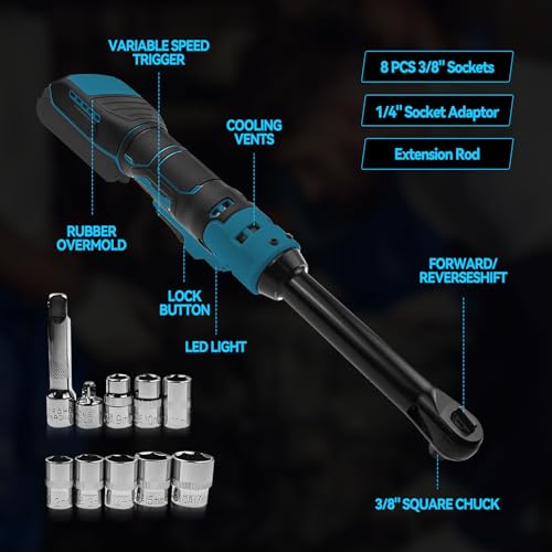 3/8" Extended Cordless Ratchet Wrench for Makita 18V Battery, 320 RPM,80 N.m Electric Power Ratchet Set with 8 Metric Sleeves,Built-in LED Light,6" Long Neck