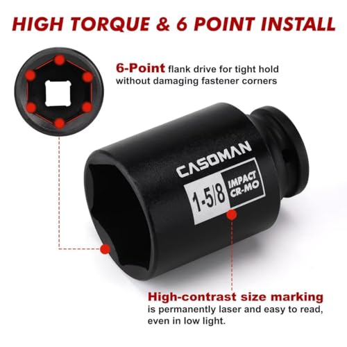 CASOMAN 11PCS 1/2-Inch Drive Large Impact Socket Set, 6 Point, 1-3/8-Inch to 2-Inch, SAE Spindle Axle Nut Impact Socket Set, CR-MO - size: 1/2" Dr. 11pcs (1-3/8" - 2")