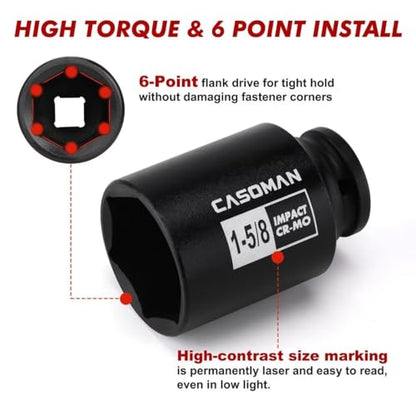 CASOMAN 11PCS 1/2-Inch Drive Large Impact Socket Set, 6 Point, 1-3/8-Inch to 2-Inch, SAE Spindle Axle Nut Impact Socket Set, CR-MO - size: 1/2" Dr. 11pcs (1-3/8" - 2")