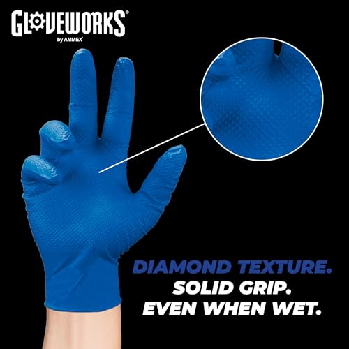 GLOVEWORKS HD Royal Blue Nitrile Industrial Disposable Gloves, 6 Mil, Latex & Powder-Free, Food-Safe, Raised Diamond Texture - size: X-Large (Pack of 100), style: Box of 100