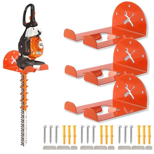 Upgraded Trimmer Rack Wall Mount - 8" Heavy Duty Weed Eater Hanger for Garage Wall, Garden Power Tool Holder Organizer Hooks for Grass Trimmer, Hedge Trimmer, Leaf Blower and Chainsaw, Orange, 3 Pack - color: Orange-3Pack