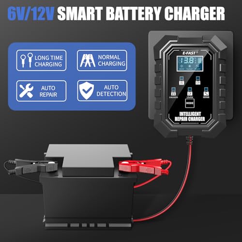 E-FAST 1.5A Smart Car Battery Charger,Lifepo4 Lead Acid 6V and 12V Automotive Charger,Automobile Trickle Charger,All in 1 Battery Maintainer,for Motorcycle AGM Lawn Mower Boat Marine Batteries