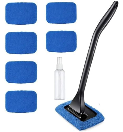 Windshield Cleaner Tool Car Window Cleaner with 6 Reusable and Washable Microfiber Pads and Extendable Handle Auto Inside Glass Wiper Kit (Blue)