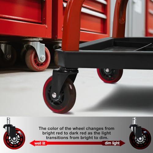 Rolling Stool with Red Wheels, Heavy Duty Garage Work Mechanic Rolling Shop Stool with Backrest, Adjustable Height 360°Swivel Roller Mechanic Chair with 2 Tool Trays, 330 LBS Capacity - color: Red Stool With Red Casters
