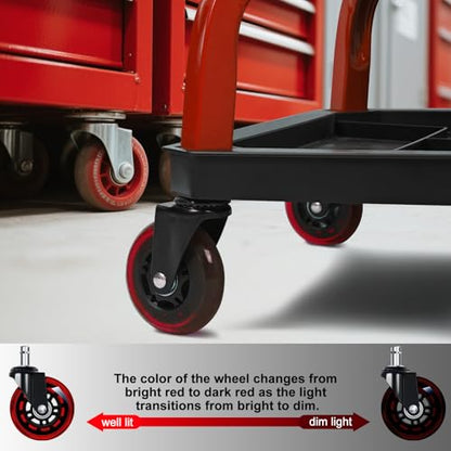 Rolling Stool with Red Wheels, Heavy Duty Garage Work Mechanic Rolling Shop Stool with Backrest, Adjustable Height 360°Swivel Roller Mechanic Chair with 2 Tool Trays, 330 LBS Capacity - color: Red Stool With Red Casters