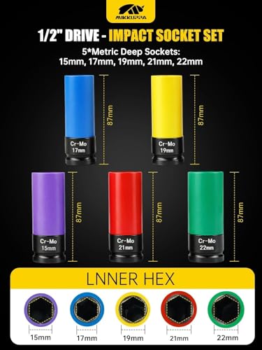MIKKUPPA 1/2" Drive Lug Nut Socket Set - 5 Pieces 15 17 19 21 22 MM Non-Marring Thin Wall Wheel Protector Impact Socket Tool Kit