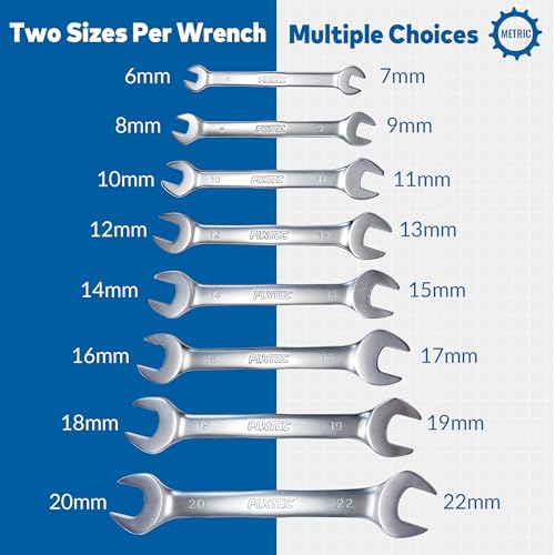 FIXTEC Wrench Set, 8-Piece Metric Double Open-End Spanner Set (6×7mm–20×22mm), CR-V Steel with Rolling Pouch for Automotive Repair, Mechanics and Tight Spaces
