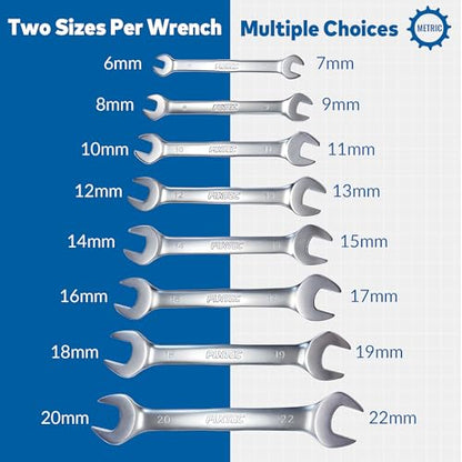 FIXTEC Wrench Set, 8-Piece Metric Double Open-End Spanner Set (6×7mm–20×22mm), CR-V Steel with Rolling Pouch for Automotive Repair, Mechanics and Tight Spaces