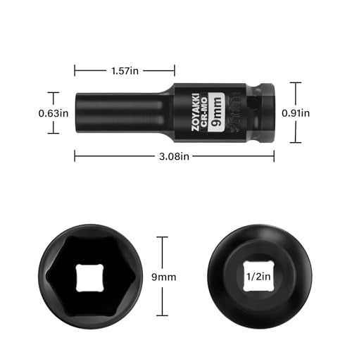 1/2" Drive 9mm Deep 6 Pt CR-MO Metric Impact Socket for Axle Nuts - size: 9mm, style: 1/2" Drive Deep