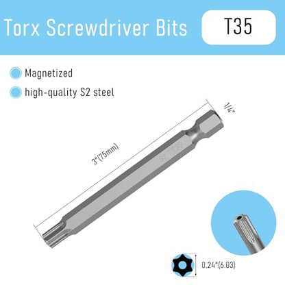 5PCS T35 Magnetic Tamper Proof Torx Screwdriver Bits, 1/4 Inch Hex Shank 3 Inch Length S2 Steel Security Drill Torx Head Drill Screw Driver Tools(75mm Long, Star 6 Point) - size: T35