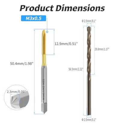 Tap and Drill Bit Set, M3x0.5 Tap and 2.5mm Twist Drill, HSS | For M3x0.5 Thread Tapping and Drilling, Ti Coated Tap and Twist Drill Combo for Industrial Mechanics Metalworking - size: M3*0.5 + 2.5mm