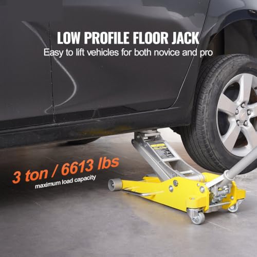 3 Ton Floor Jack Low Profile, Heavy Duty Aluminum Hydraulic Car Jack - 6600 lbs Capacity, Dual Piston Quick Lift, 3.7"-18.3" Height Range (Yellow)