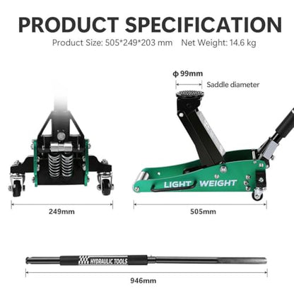 1.5 Ton Aluminum Floor Jack, Dual Pump Low Profile Hydraulic Car Jack with Quick Lift System, 3.3"–14" Lifting Range, Lightweight Racing Service Jack for Sedans, Sports Cars, and Compact Vehicles