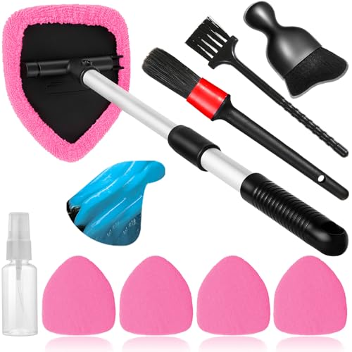 Qydipclin 10pcs Windshield Cleaner Tool, Car Window Cleaning Wash Kit with 4 Reusable Microfiber Pads 1 Spray Bottle and Extendable Handle Auto Glass Wiper Kit, Pink - color: Pink