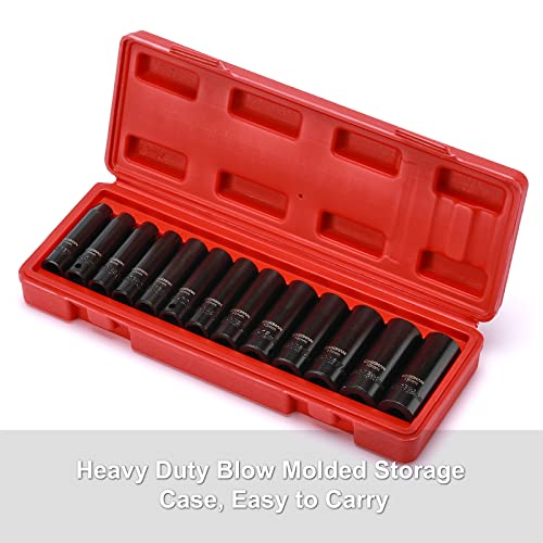 CASOMAN 13 Pieces 3/8-Inch Drive Impact Socket Set, 6-Point, Metric, Deep, CR-V, 7mm to 19mm, Heavy Duty Blow Molded Storage Case - size: deep