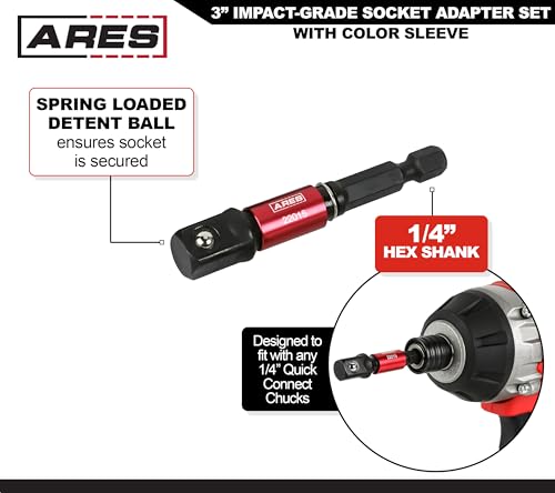 ARES 22011-3-Piece 3-Inch Impact Grade Socket Adapter Set with Color Sleeve - Turns Power Drill into High Speed Nut Driver - 1/4-Inch, 3/8-Inch, and 1/2-Inch Drive - size: 3pc 3" Impact Grade Socket Adapter Set