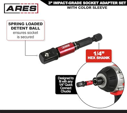 ARES 22011-3-Piece 3-Inch Impact Grade Socket Adapter Set with Color Sleeve - Turns Power Drill into High Speed Nut Driver - 1/4-Inch, 3/8-Inch, and 1/2-Inch Drive - size: 3pc 3" Impact Grade Socket Adapter Set
