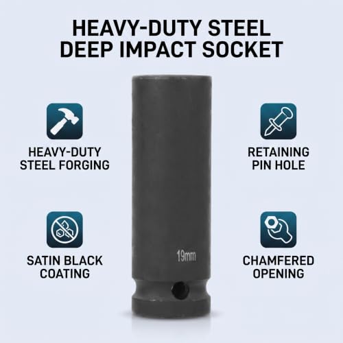 Impact Socket, 1/2 Inch Drive 17/18/19mm Metric Deep Impact Socket 6 Point Pneumatic Air Socket for Automotive Repair Professional Mechanics CrMo Steel
