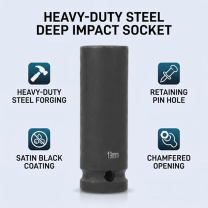 Impact Socket, 1/2 Inch Drive 17/18/19mm Metric Deep Impact Socket 6 Point Pneumatic Air Socket for Automotive Repair Professional Mechanics CrMo Steel