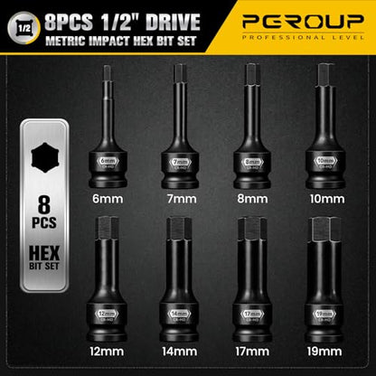 8 PCS 1/2 Inch Drive Allen Impact Socket Set, Metric Hex Socket 6 mm to 19 mm, Master Impact Grade Cr-Mo Steel with Heavy Duty Storage Case