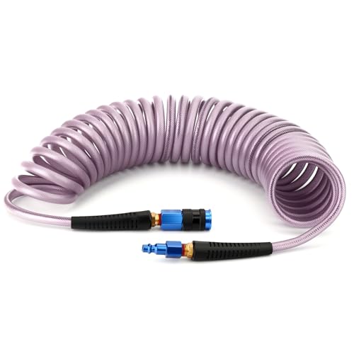 1/4" x 25 ft Polyurethane Coiled Air Hose with Bend Restrictor, Includes 1/4" Industrial Quick Coupler & I/M Plug Kit, for Air Compressors, Purple - color: Purple, size: 1/4" x 25 ft