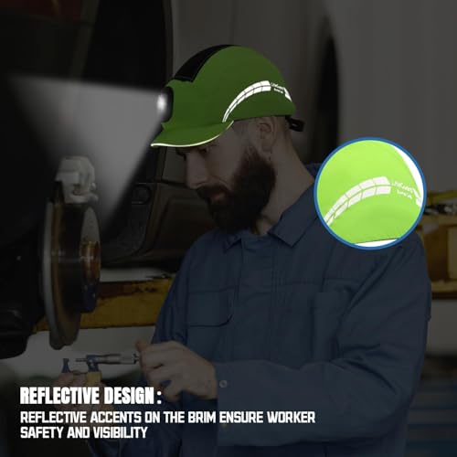 UM ULTRAMAXX Lightweight Bump Cap with Reflective Stripes, Breathable Baseball Cap Style, Head Protection Hard Hat for Men Women - color: Lime with Led Light