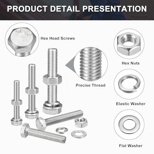 uxcell M8 x 70mm Hex Head Screws Bolts, Nuts, Flat & Lock Washers Kits, 304 Stainless Steel Fully Thread Hexagon Bolts 8 Sets - size: M8 x 70mm