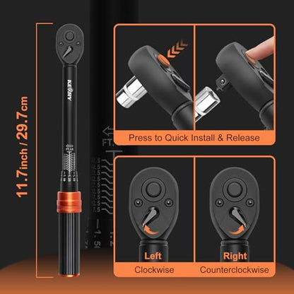 Kerry 3/8 Inch Drive Click Torque Wrench, 5-50 FT.LB/6.8-67.8 Nm, ±3% High Accuracy, Dual Range Scales, Clearly Graduated, Eeasy Read, Hardened Alumium Alloy, 72 Tooth Click Torque Wrench for Bike - size: 5-50FT.LB, style: 3/8"