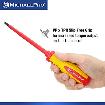 MichaelPro 6.5 x 150mm 1000V VDE Insulated Screwdriver, Electrician Tools, Slotted Screwdriver with Magnetic Tip, CR-MO Steel Blade, 10,000V Tested and Certified for Electrician Safety - MP002033 - size: 1-Piece 6.5 x 150mm Slotted