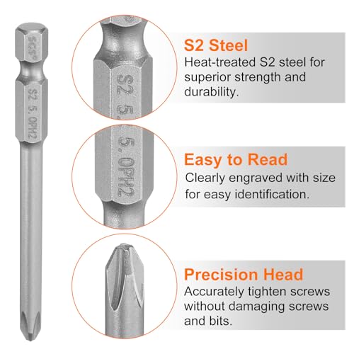 HARFINGTON 5pcs #2 Phillips Screwdriver Bit PH2 1/4" Hex Shank 3" (75mm) Long Magnetic S2 Steel Industrial Grade Screw Driver Bit Cross Head Electric Drill Bits 0.197" (5mm) Rod - size: PH2 x 75mm x 5mm