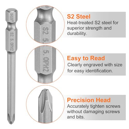 HARFINGTON 5pcs #2 Phillips Screwdriver Bit PH2 1/4" Hex Shank 3" (75mm) Long Magnetic S2 Steel Industrial Grade Screw Driver Bit Cross Head Electric Drill Bits 0.197" (5mm) Rod - size: PH2 x 75mm x 5mm