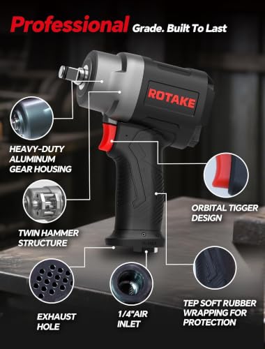 ROTAKE Compact 1/2" Air Impact Wrench, 560 ft-lbs, Twin Hammer, RT-5284 | 9900 RPM Speed, 3.09-lb Ultra-Light Body, Aluminum Hammer Case, 3-Speed Control, Auto Repair & Tight Spaces - size: 1/2" (560 ft-lbs)RT-5284