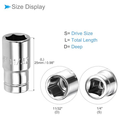 6-Point Socket, 1/4" Drive 11/32" Deep, Polished Chromed CR-V SAE Standard Shallow Impact Socket - (Applications: for Ratchet Torque Electric Wrenches Car Repair), 2-Pieces - size: 11/32"