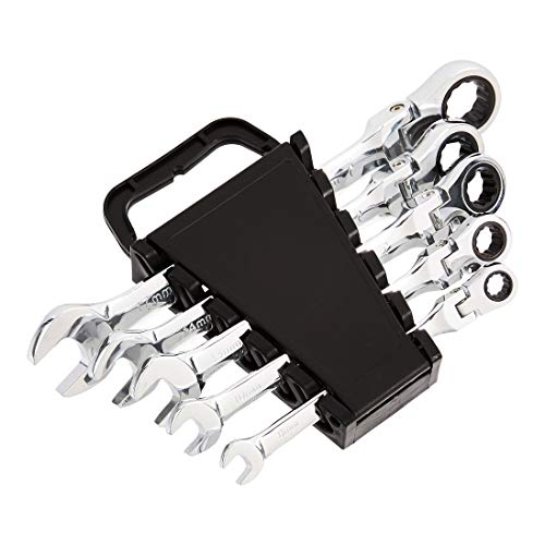 Amazon Basics 72-Tooth Ratcheting Combination Wrench Set, Chrome Vanadium Steel Flex Head, 5-Piece Metric, 180° Flexible - style: Metric