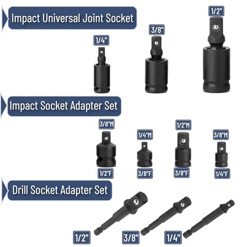 Bates- Impact Socket Adapter and Reducer Set, 10 pcs, 1/4" 3/8" 1/2" Drive, 1/4" Hex Shank, Impact Universal Joint Socket Set - color: Black, size: 10 pcs