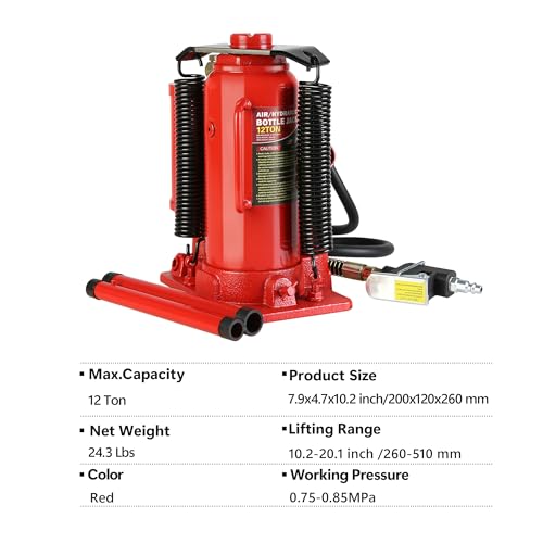 Pneumatic Air Hydraulic Bottle Jack, 12 Ton//24,000 LBS All Welded Bottle Jack, 10.2-20.1 inch Lifting Range, with Manual Hand Pump & Handle,Heavy Duty Auto Truck Travel Trailer Repair Lift - color: Red, size: 12Ton
